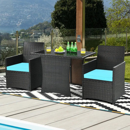 3 Pieces Patio Rattan Furniture Set with Cushion and Sofa Armrest-Turquoise - Turquoise - Patio Conversation Sets