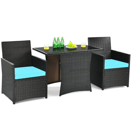 3 Pieces Patio Rattan Furniture Set with Cushion and Sofa Armrest-Turquoise - Turquoise - Patio Conversation Sets