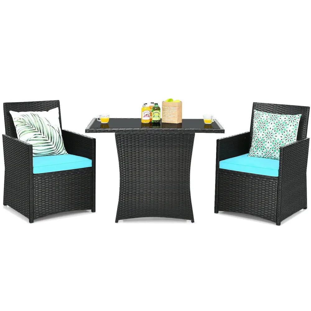 3 Pieces Patio Rattan Furniture Set with Cushion and Sofa Armrest-Turquoise - Turquoise - Patio Conversation Sets
