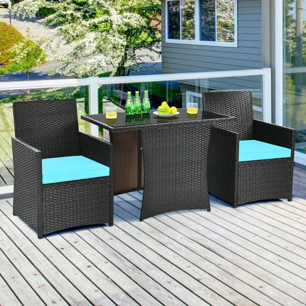 3 Pieces Patio Rattan Furniture Set with Cushion and Sofa Armrest-Turquoise - Turquoise - Patio Conversation Sets