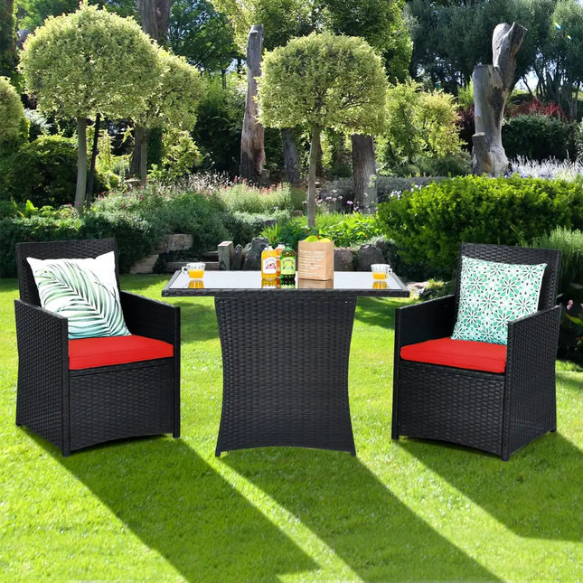 3 Pieces Patio Rattan Furniture Set with Cushion and Sofa Armrest-Red - Red - Patio Conversation Sets