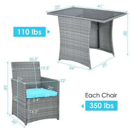 3 Pieces Patio Rattan Furniture Set with Cushioned Armrest Sofa-Turquoise - Turquoise - Patio Conversation Sets