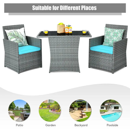 3 Pieces Patio Rattan Furniture Set with Cushioned Armrest Sofa-Turquoise - Turquoise - Patio Conversation Sets