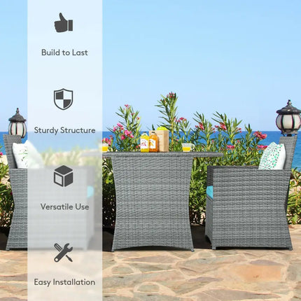 3 Pieces Patio Rattan Furniture Set with Cushioned Armrest Sofa-Turquoise - Turquoise - Patio Conversation Sets