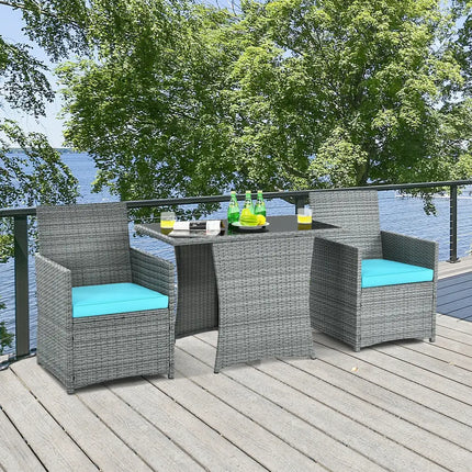 3 Pieces Patio Rattan Furniture Set with Cushioned Armrest Sofa-Turquoise - Turquoise - Patio Conversation Sets