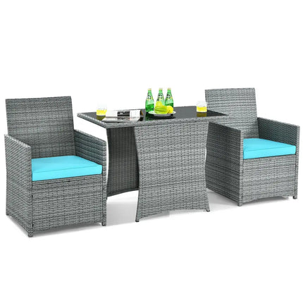 3 Pieces Patio Rattan Furniture Set with Cushioned Armrest Sofa-Turquoise - Turquoise - Patio Conversation Sets