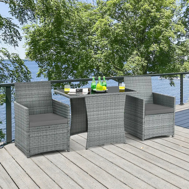 3 Pieces Patio Rattan Furniture Set with Cushioned Armrest Sofa-Gray - Gray - Patio Conversation Sets