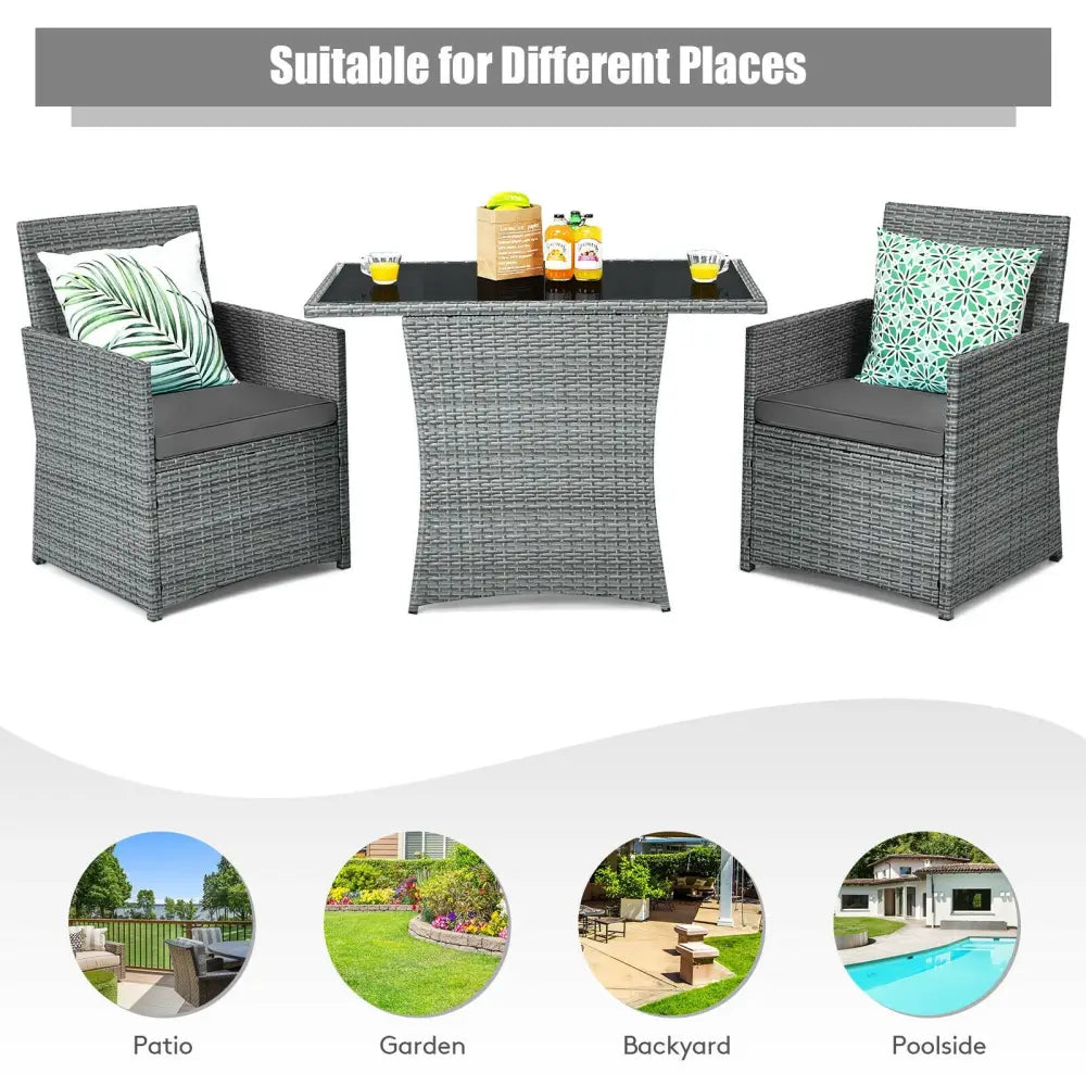 3 Pieces Patio Rattan Furniture Set with Cushioned Armrest Sofa-Gray - Gray - Patio Conversation Sets