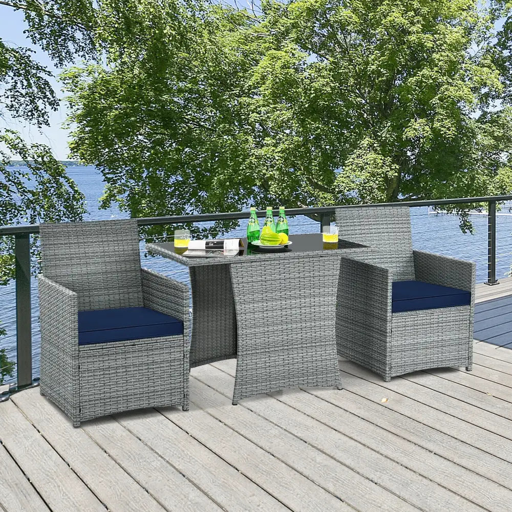 3 Pieces Patio Rattan Furniture Set with Cushioned Armrest Sofa-Navy - Navy - Patio Conversation Sets