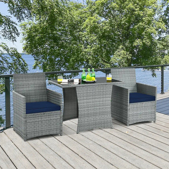 3 Pieces Patio Rattan Furniture Set with Cushioned Armrest Sofa-Navy - Navy - Patio Conversation Sets