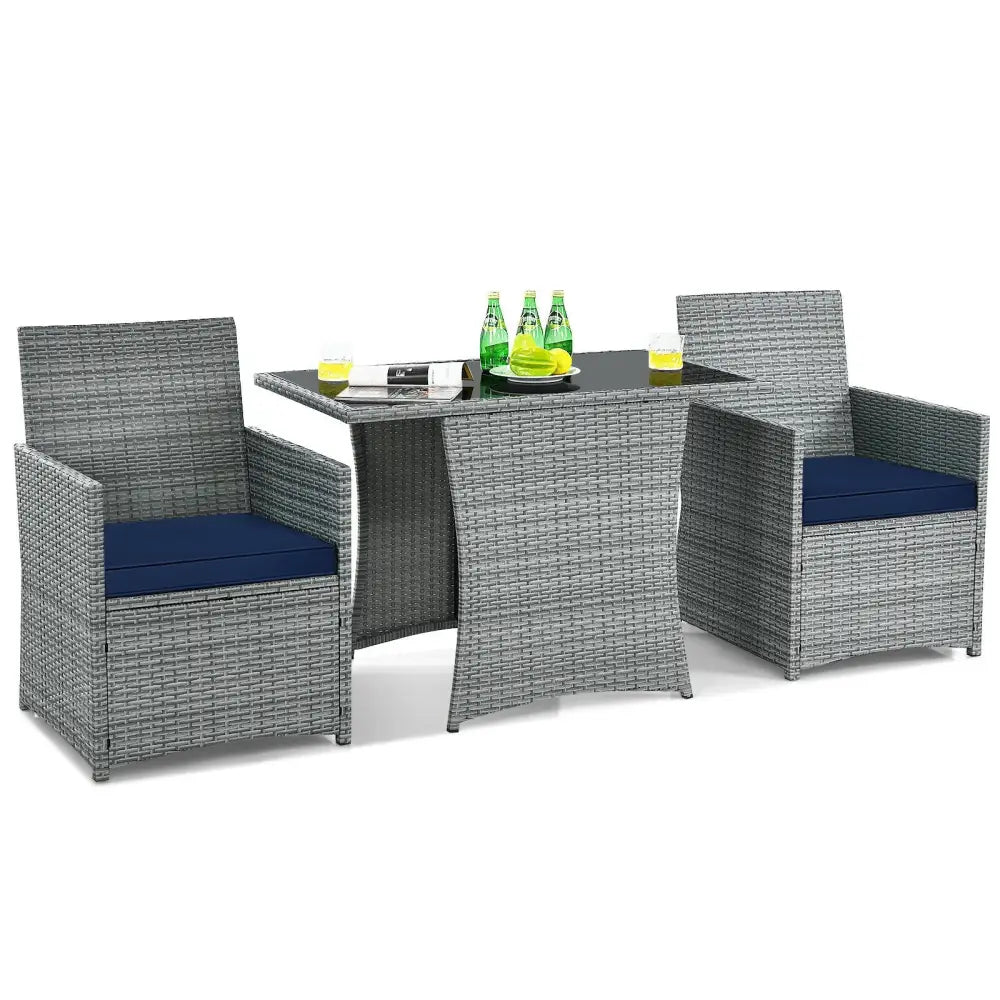 3 Pieces Patio Rattan Furniture Set with Cushioned Armrest Sofa-Navy - Navy - Patio Conversation Sets