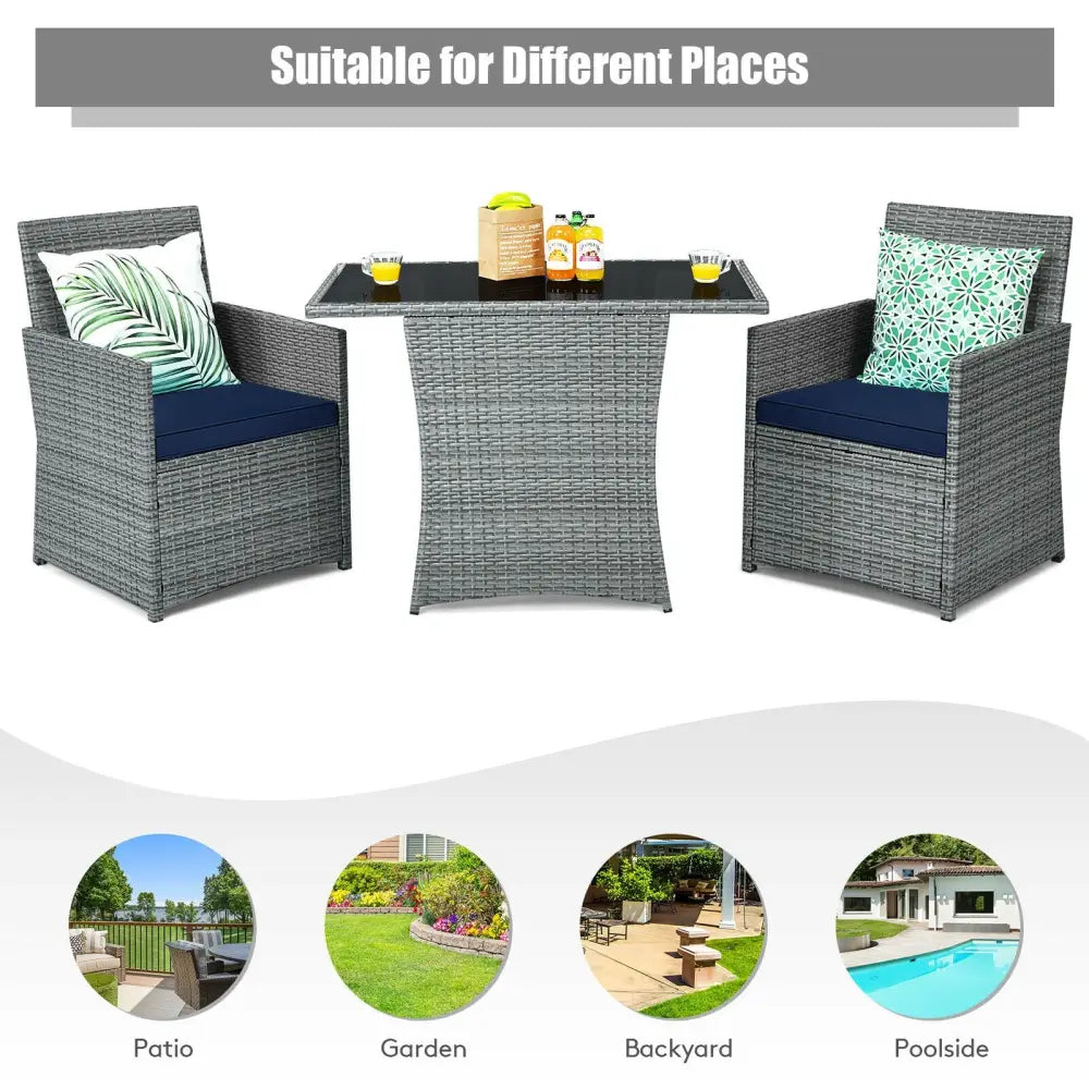 3 Pieces Patio Rattan Furniture Set with Cushioned Armrest Sofa-Navy - Navy - Patio Conversation Sets