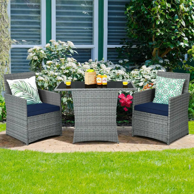 3 Pieces Patio Rattan Furniture Set with Cushioned Armrest Sofa-Navy - Navy - Patio Conversation Sets