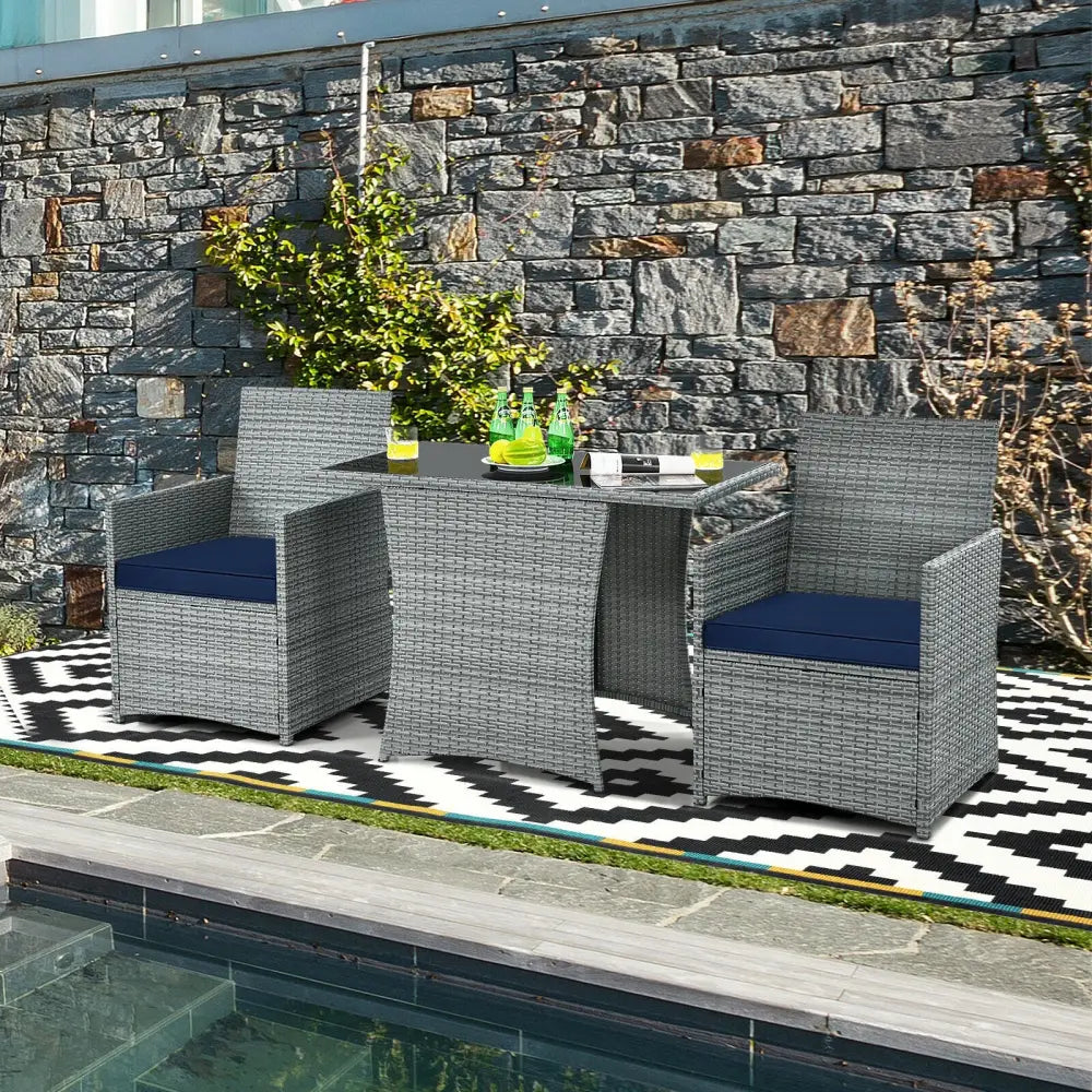 3 Pieces Patio Rattan Furniture Set with Cushioned Armrest Sofa-Navy - Navy - Patio Conversation Sets