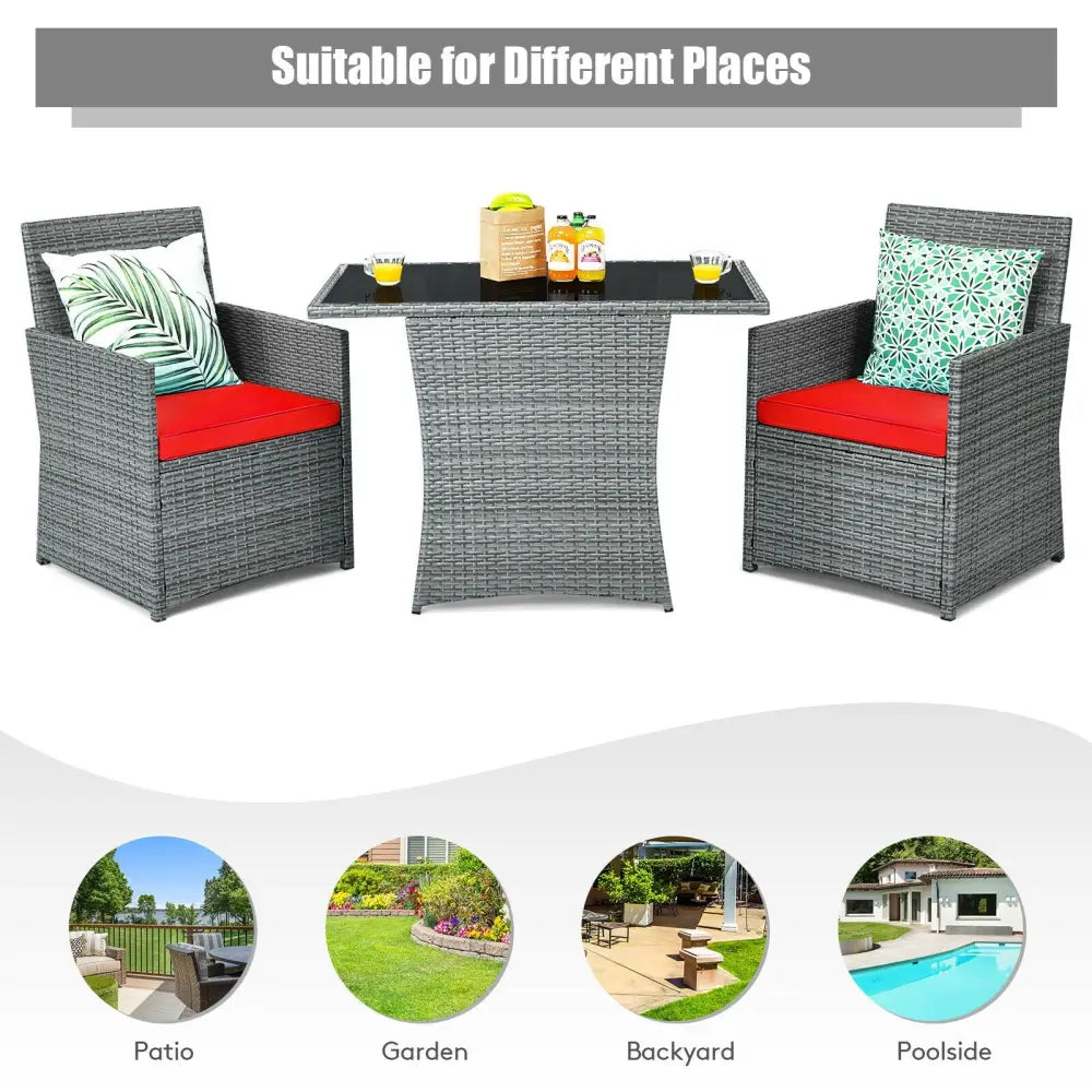 3 Pieces Patio Rattan Furniture Set with Cushioned Armrest Sofa-Red - Red - Patio Conversation Sets