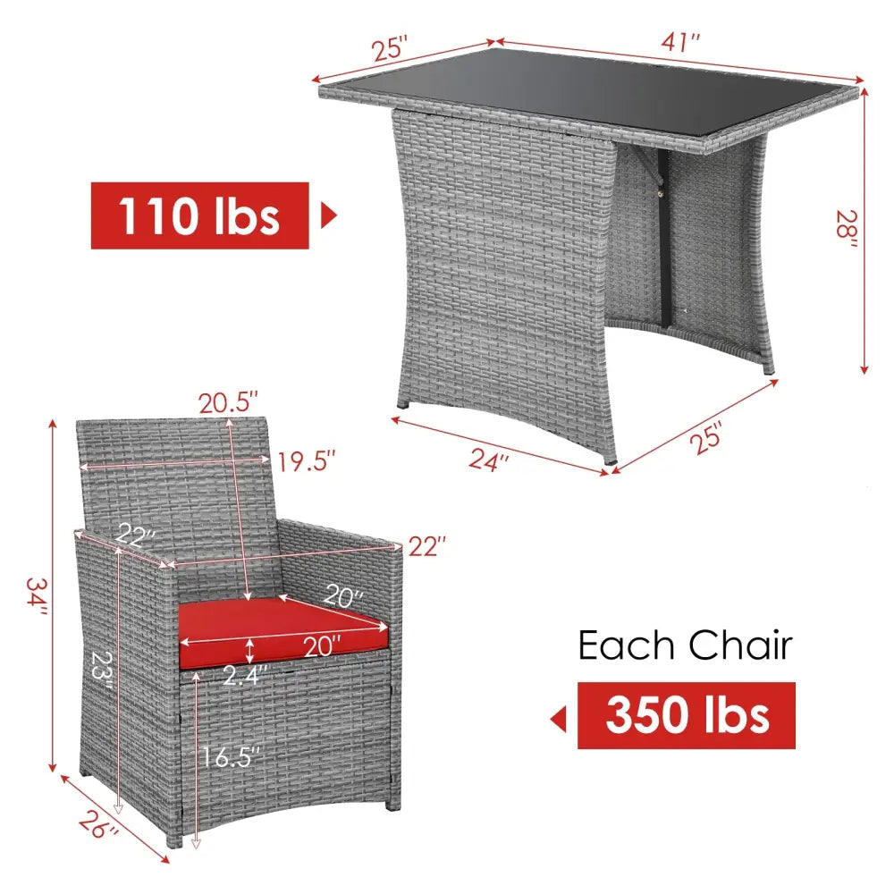 3 Pieces Patio Rattan Furniture Set with Cushioned Armrest Sofa-Red - Red - Patio Conversation Sets