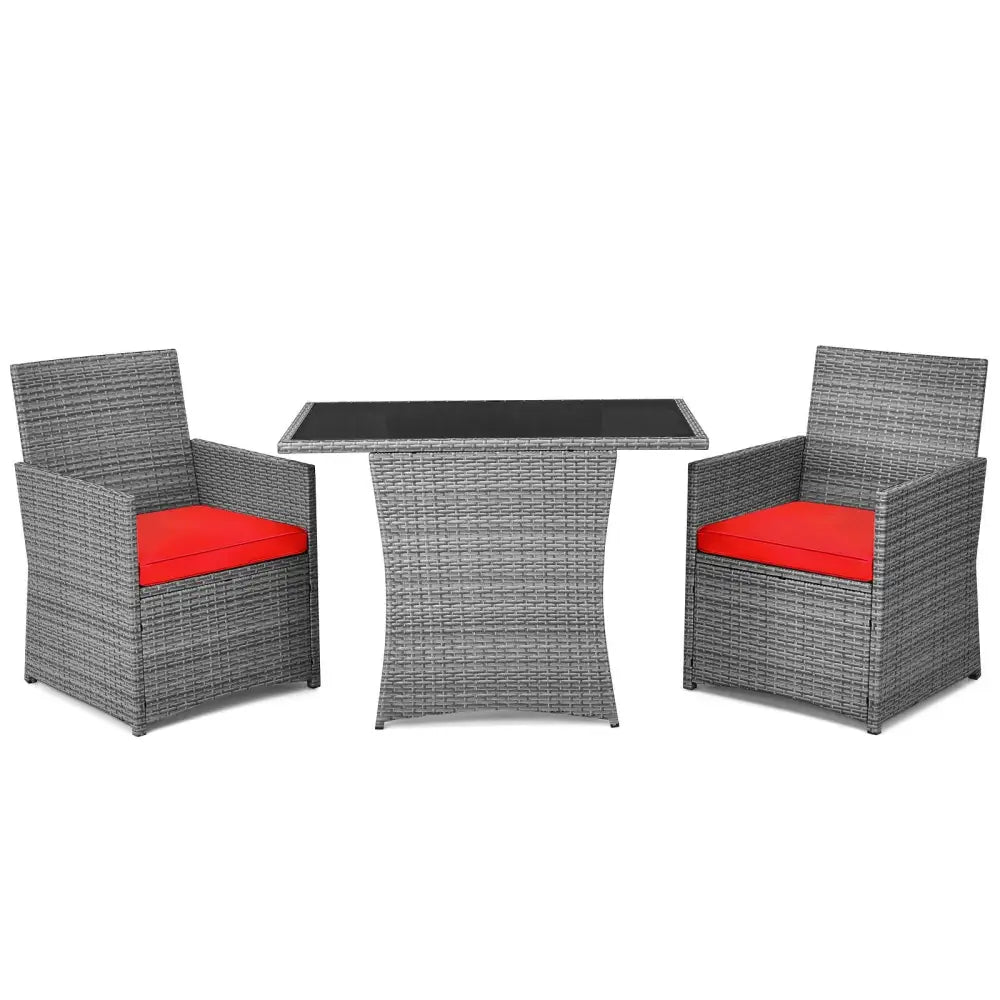 3 Pieces Patio Rattan Furniture Set with Cushioned Armrest Sofa-Red - Red - Patio Conversation Sets