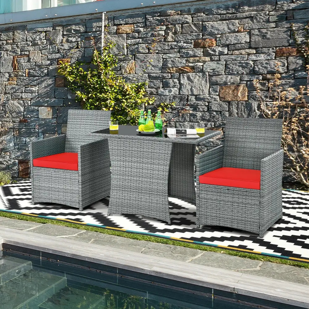 3 Pieces Patio Rattan Furniture Set with Cushioned Armrest Sofa-Red - Red - Patio Conversation Sets