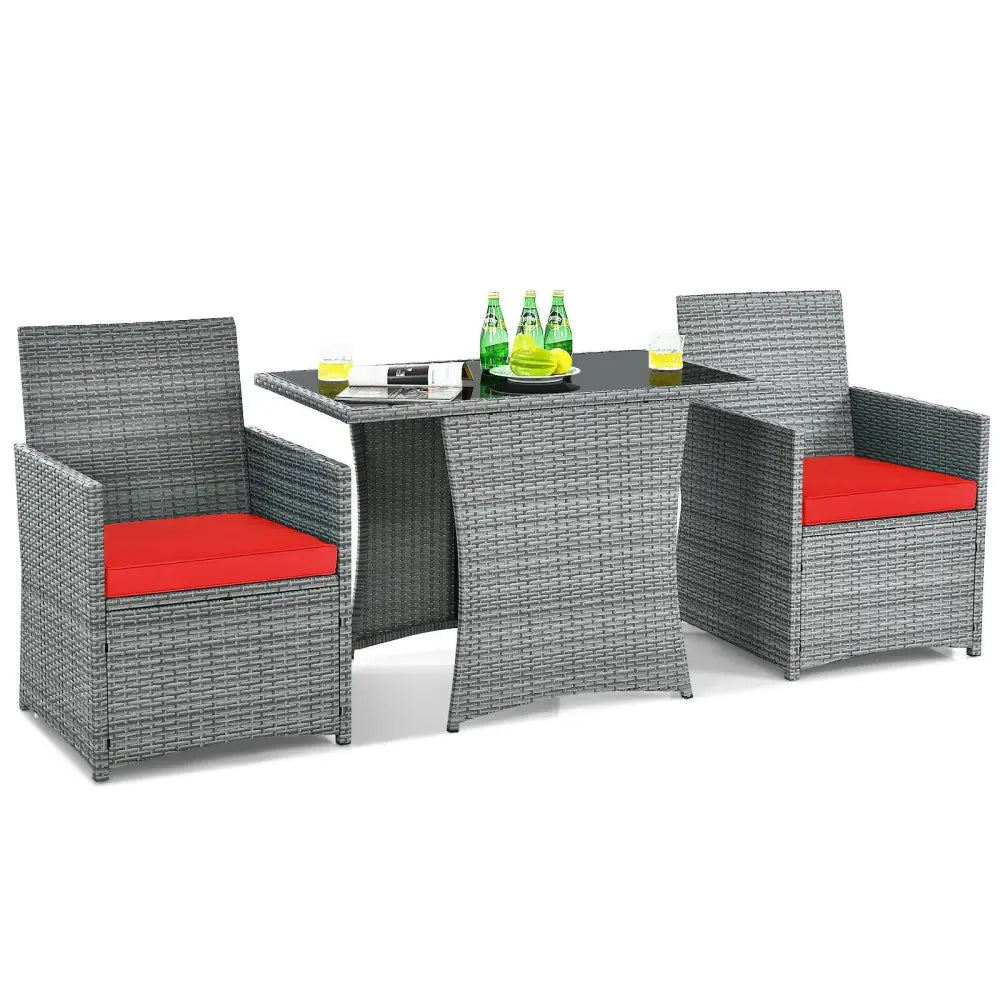 3 Pieces Patio Rattan Furniture Set with Cushioned Armrest Sofa-Red - Red - Patio Conversation Sets