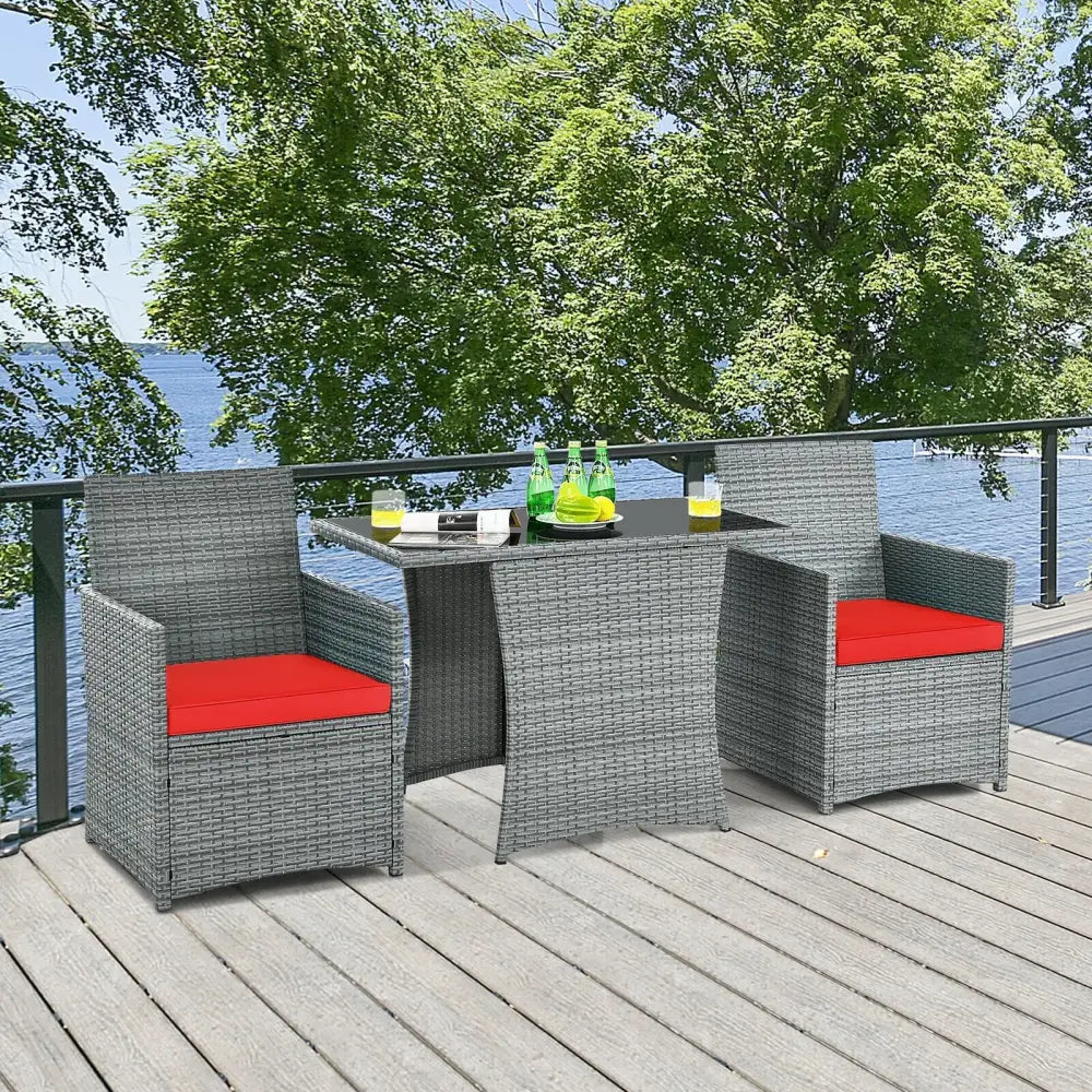 3 Pieces Patio Rattan Furniture Set with Cushioned Armrest Sofa-Red - Red - Patio Conversation Sets