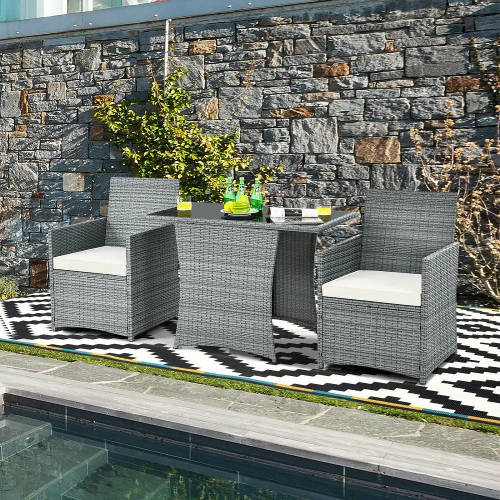 3 Pieces Patio Rattan Furniture Set with Cushioned Armrest Sofa-White - White - Patio Conversation Sets