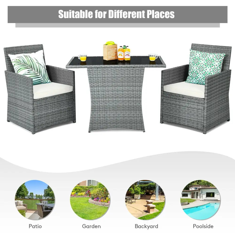 3 Pieces Patio Rattan Furniture Set with Cushioned Armrest Sofa-White - White - Patio Conversation Sets