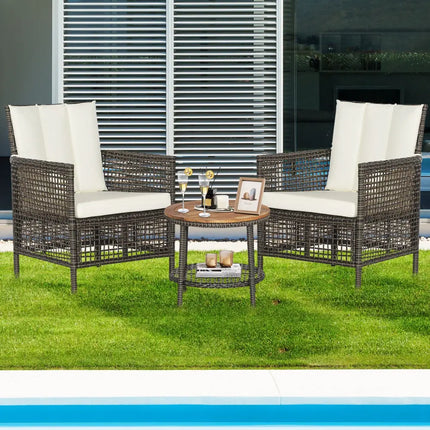 3 Pieces Patio Rattan Furniture Set with Cushioned Sofas and Wood Table Top-White - White - Patio Conversation Sets