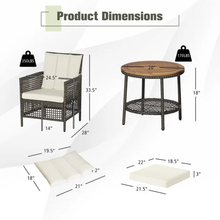 3 Pieces Patio Rattan Furniture Set with Cushioned Sofas and Wood Table Top-White - White - Patio Conversation Sets