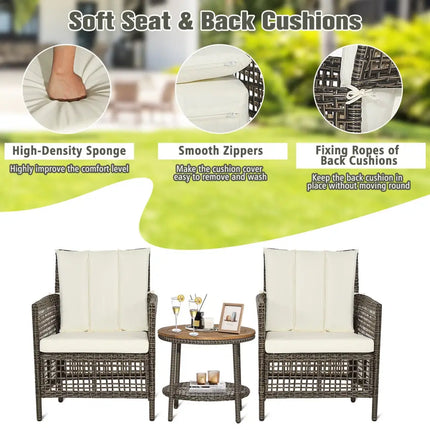 3 Pieces Patio Rattan Furniture Set with Cushioned Sofas and Wood Table Top-White - White - Patio Conversation Sets