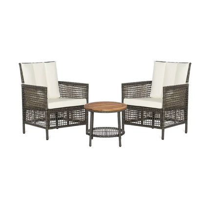 3 Pieces Patio Rattan Furniture Set with Cushioned Sofas and Wood Table Top-White - White - Patio Conversation Sets