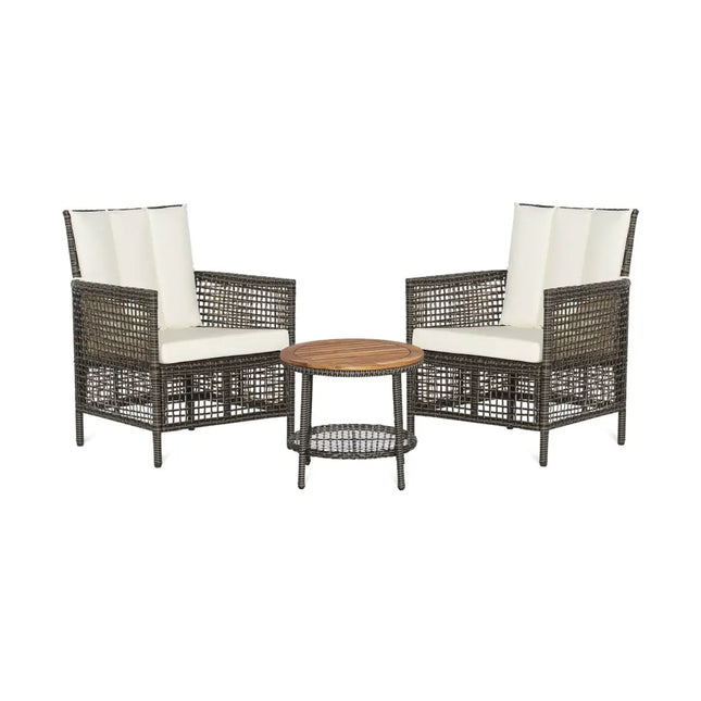 3 Pieces Patio Rattan Furniture Set with Cushioned Sofas and Wood Table Top-White - White - Patio Conversation Sets