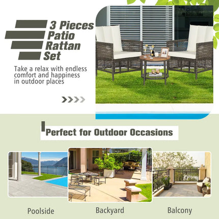 3 Pieces Patio Rattan Furniture Set with Cushioned Sofas and Wood Table Top-White - White - Patio Conversation Sets