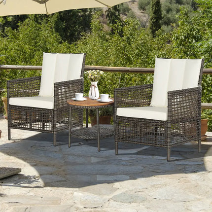 3 Pieces Patio Rattan Furniture Set with Cushioned Sofas and Wood Table Top-White - White - Patio Conversation Sets