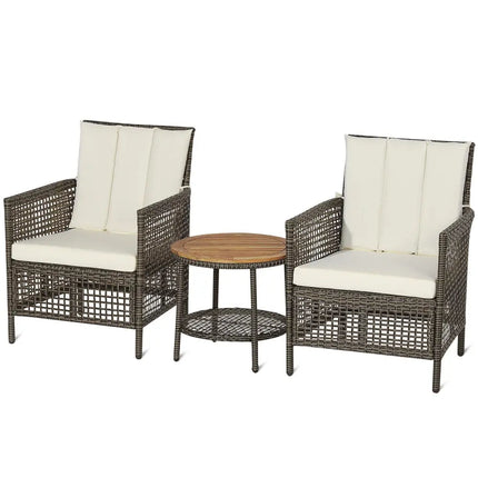 3 Pieces Patio Rattan Furniture Set with Cushioned Sofas and Wood Table Top-White - White - Patio Conversation Sets