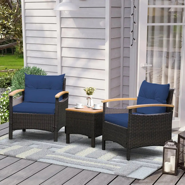 3 Pieces Patio Rattan Furniture Set with Removable Cushion-Navy - Navy - Patio Conversation Sets