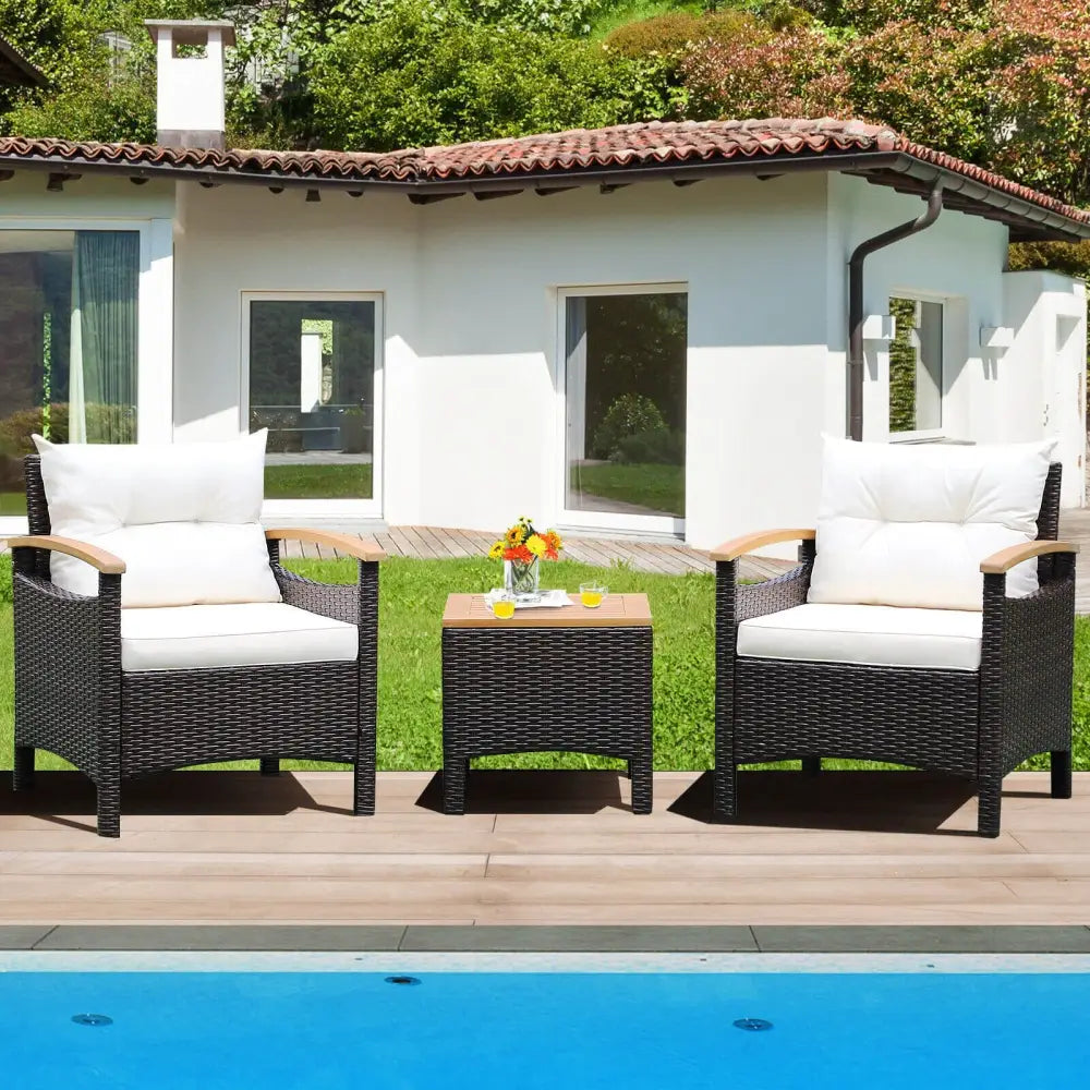 3 Pieces Patio Rattan Furniture Set with Removable Cushion-Off White - Off White - Patio Conversation Sets