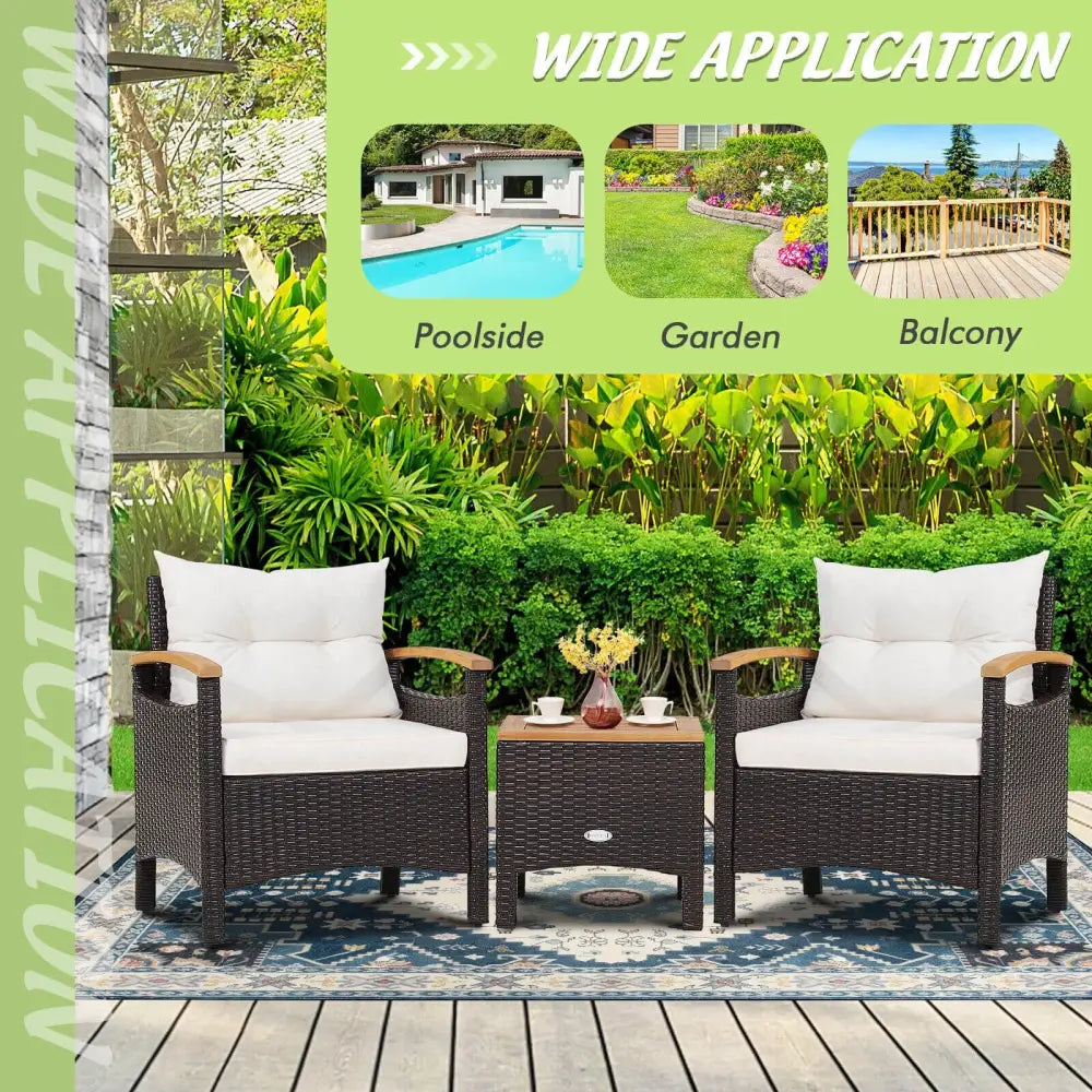 3 Pieces Patio Rattan Furniture Set with Removable Cushion-Off White - Off White - Patio Conversation Sets