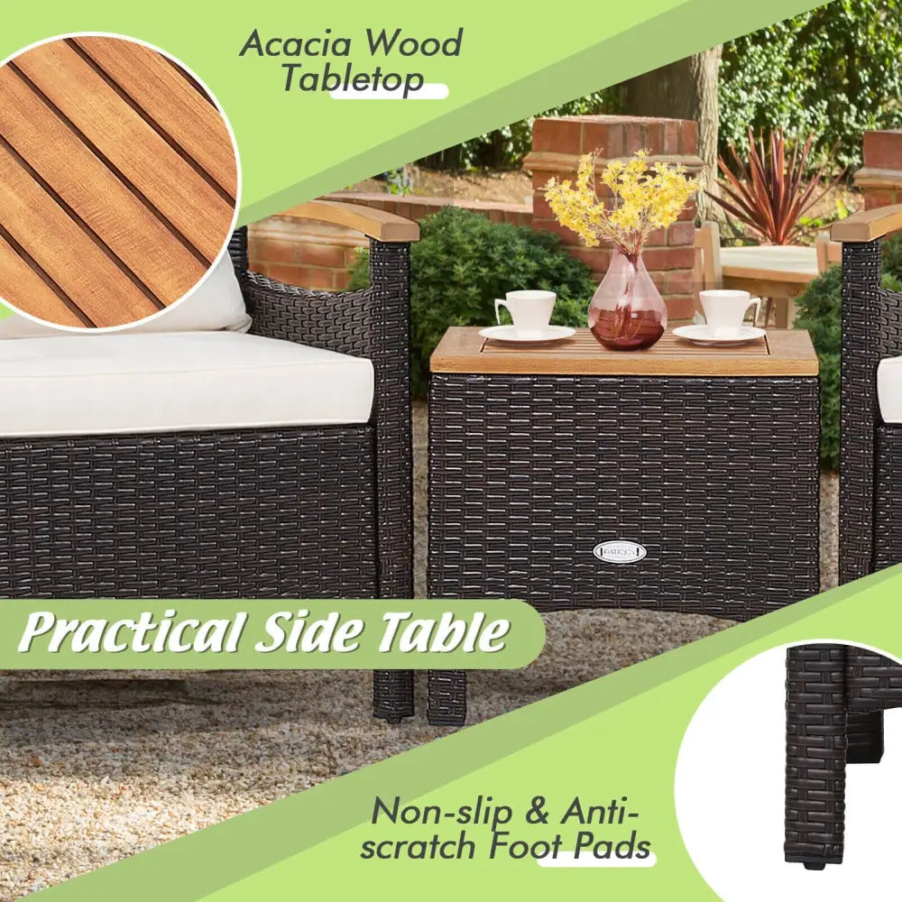 3 Pieces Patio Rattan Furniture Set with Removable Cushion-Off White - Off White - Patio Conversation Sets