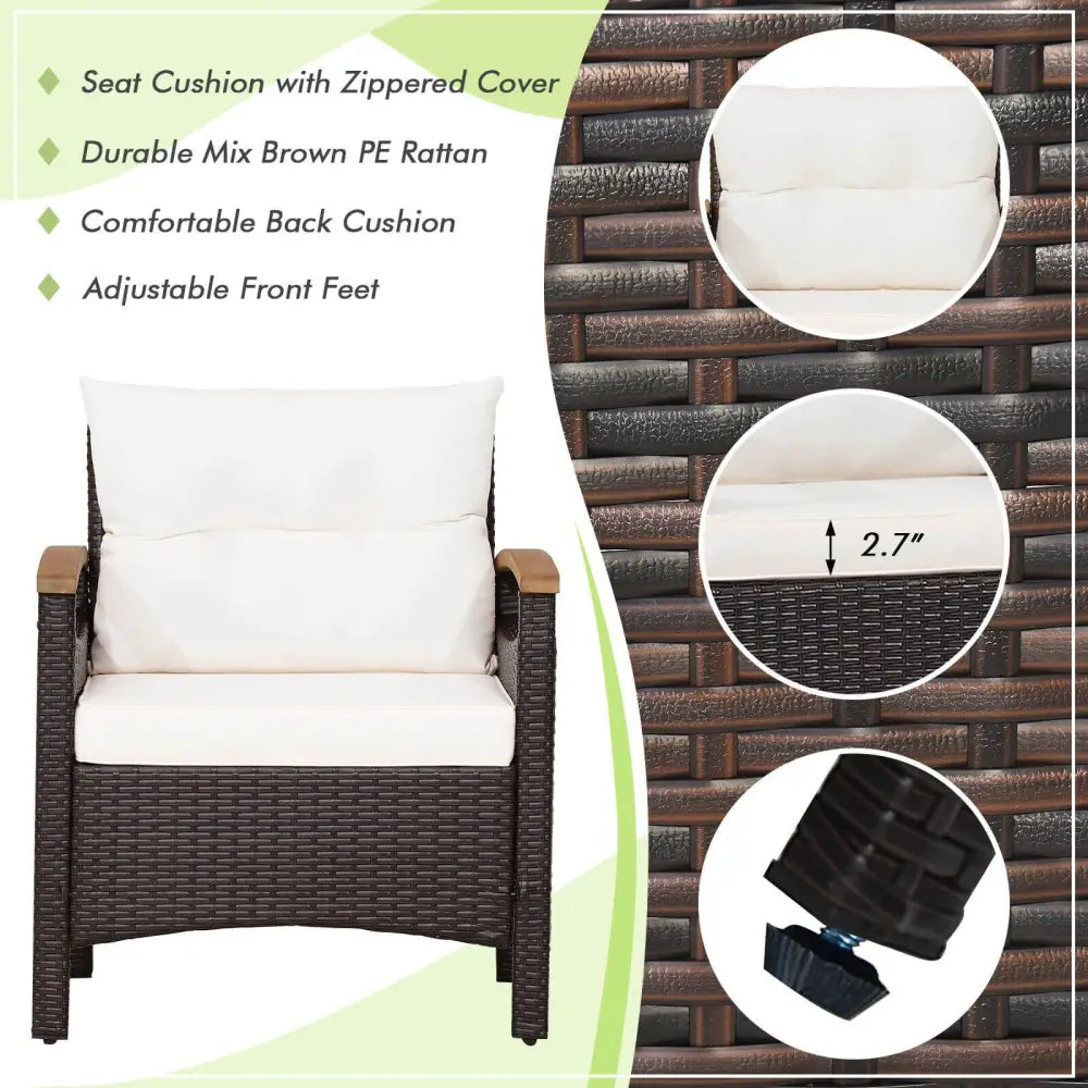 3 Pieces Patio Rattan Furniture Set with Removable Cushion-Off White - Off White - Patio Conversation Sets