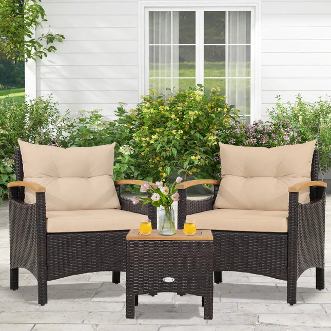3 Pieces Patio Rattan Furniture Set with Removable Cushions-Beige - Beige - Patio Conversation Sets