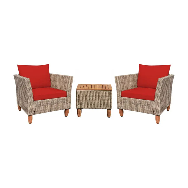3 Pieces Patio Rattan Furniture Set with Washable Cushion for Yard Porch-Red - Red - Patio Conversation Sets
