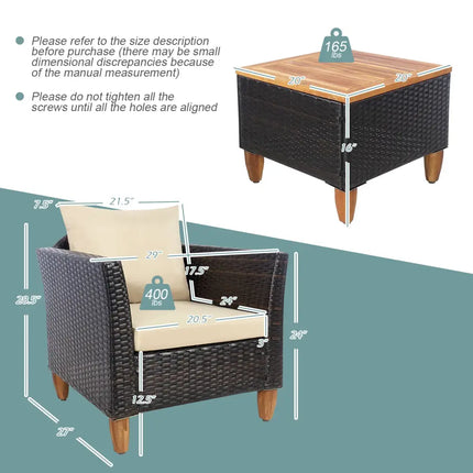 3 Pieces Patio Rattan Furniture Set with Washable Cushion for Yard Porch-Beige - Beige - Patio Conversation Sets