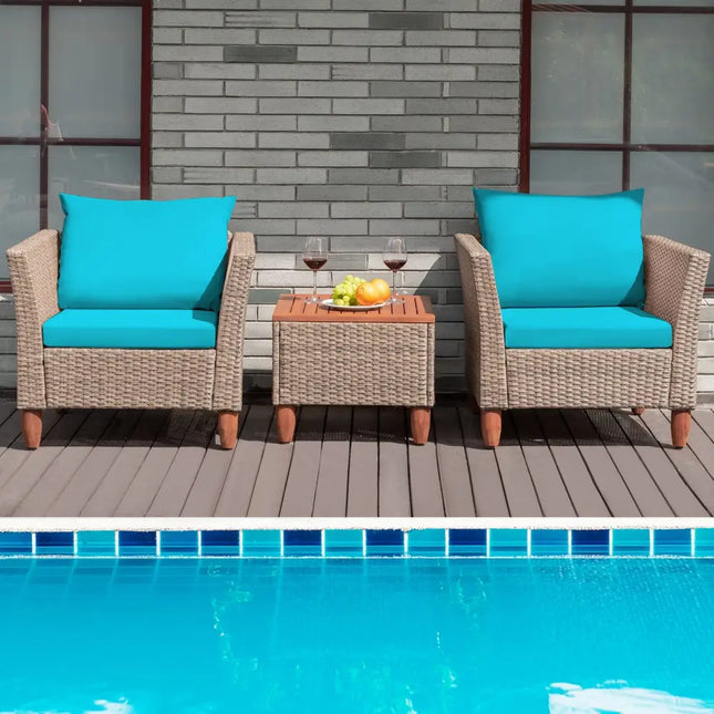 3 Pieces Patio Rattan Furniture Set with Washable Cushion for Yard Porch-Turquoise - Turquoise - Patio Conversation Sets