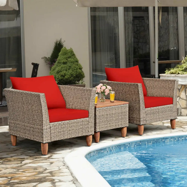3 Pieces Patio Rattan Furniture Set with Washable Cushion for Yard Porch-Red - Red - Patio Conversation Sets