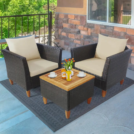 3 Pieces Patio Rattan Furniture Set with Washable Cushion for Yard Porch-Beige - Beige - Patio Conversation Sets