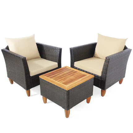 3 Pieces Patio Rattan Furniture Set with Washable Cushion for Yard Porch-Beige - Beige - Patio Conversation Sets