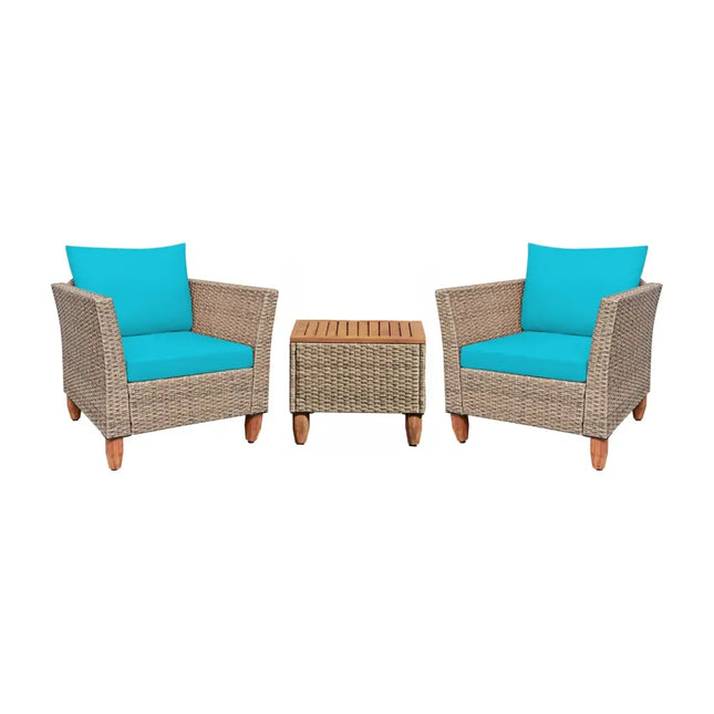3 Pieces Patio Rattan Furniture Set with Washable Cushion for Yard Porch-Turquoise - Turquoise - Patio Conversation Sets