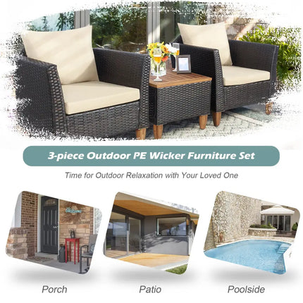 3 Pieces Patio Rattan Furniture Set with Washable Cushion for Yard Porch-Beige - Beige - Patio Conversation Sets