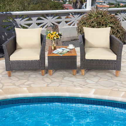 3 Pieces Patio Rattan Furniture Set with Washable Cushion for Yard Porch-Beige - Beige - Patio Conversation Sets