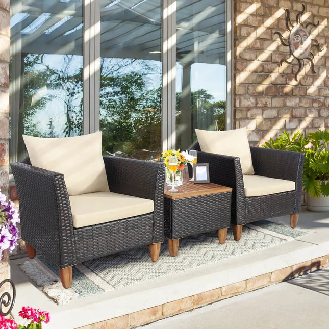 3 Pieces Patio Rattan Furniture Set with Washable Cushion for Yard Porch-Beige - Beige - Patio Conversation Sets